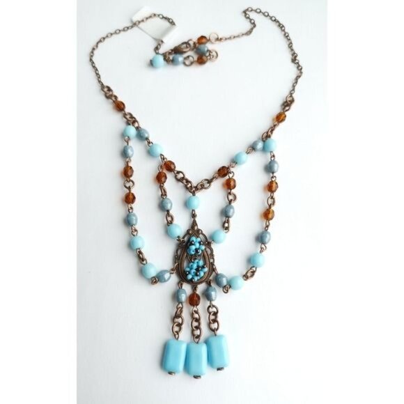 VINTAGE Czech handmade beaded  turquoise amber necklace earring set - Picture 6 of 8